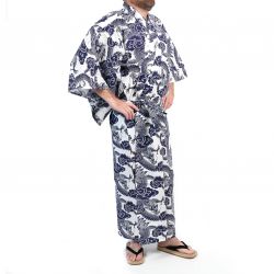Yukata giapponese in cotone con motivo drago bianco e blu per uomo - RYU NO CHIKARA