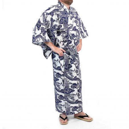Yukata japonais bleu et blanc motifs dragon en coton pour homme - RYU NO CHIKARA