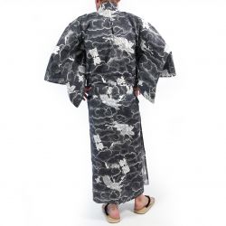 Japanischer schwarzer und weißer Baumwoll-Yukata mit Drachenmuster für Männer - RYUJIN