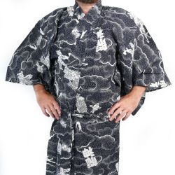 Yukata japonais noir et blanc motifs dragon en coton pour homme - RYUJIN