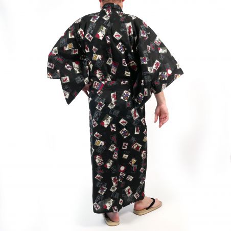 Black japanese yukata with hanafuda card patterns in cotton for men - HANAFUDA