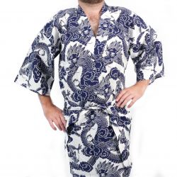 Happi kimono japonés de algodón con estampado de dragón azul y blanco para hombre - RYU NO CHIKARA