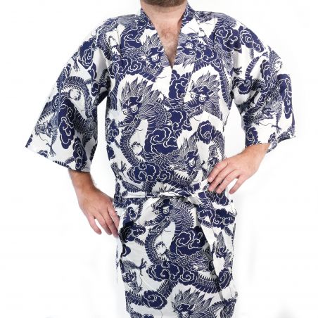 Happi Japanischer Baumwollkimono in Blau und Weiß mit Drachenmuster für Herren - RYU NO CHIKARA