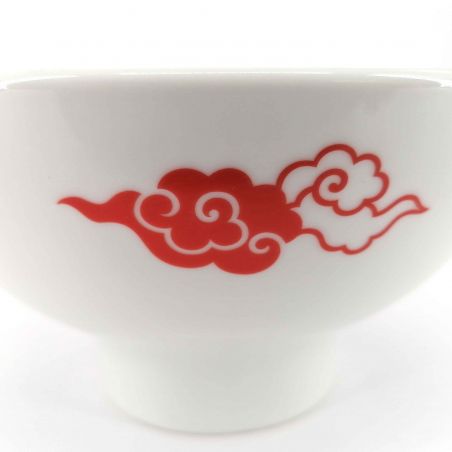 Japanese ceramic ramen bowl, white with red clouds - AKAI KUMO