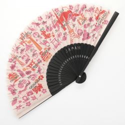 Abanico rosa japonés en poliéster y algodón., NIHONMEGURI, roja