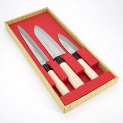 Trio of Japanese knives SANTOKU SAHIMI KOIDEBA - SEKI TSUBA