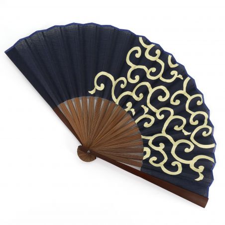 Abanico japonés de bambú y algodón azul con motivos arabescos - KARAKUSA - 22.5cm