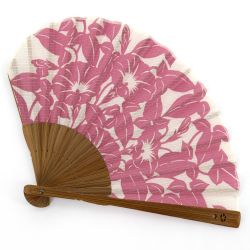 Abanico japonés rosa de algodón y bambú con estampado de flores matinal - ASAGAO - 21,3cm