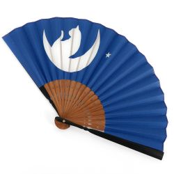 Japanese blue polyester and bamboo fan with cat and crescent moon motif - NEKO TSUKI - 20.5cm