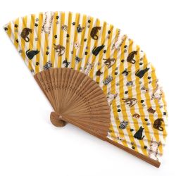 Ventaglio giallo giapponese in poliestere e bambù con motivo gatti - SHIMASHIMA - 21cm