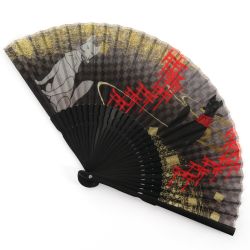 Japanese black and red fan in polyester and bamboo with kitsune messenger foxes and torii temple door - TORII KITSUNE - 21cm