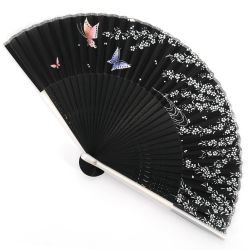 Éventail japonais noir en soie plastique et bambou motif fleurs de cerisier et papillons - SAKURA CHO - 19.5cm