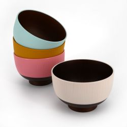 Set of 4 Japanese white, pink yellow and blue bowls in imitation wood resin - KYOGATA - 10.7cm
