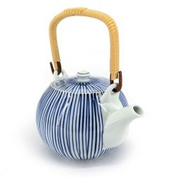 Japanese ceramic teapot with handle, white, blue stripes - SUTORAIPU