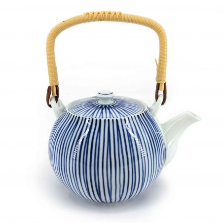 Japanese ceramic teapot with handle, white, blue stripes - SUTORAIPU