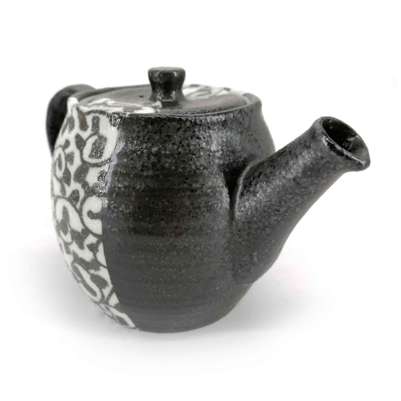 Japanese ceramic teapot with removable filter, black and arabesques - ARABESUKU