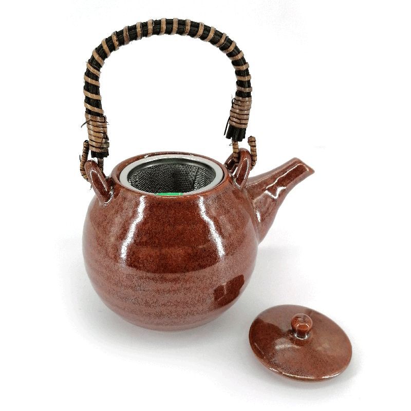 Japanese round ceramic teapot with bamboo handle and filter, brown, GIN GANRYO