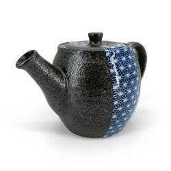 Japanese ceramic teapot with removable filter, black with blue and white patterns - ASANOHA