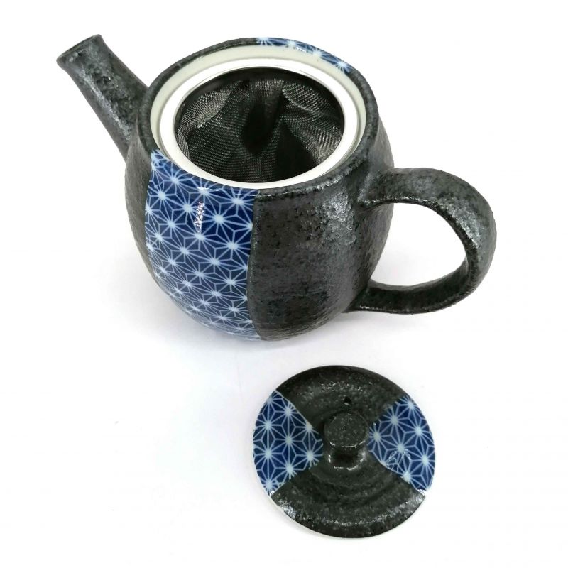 Japanese ceramic teapot with removable filter, black with blue and white patterns - ASANOHA