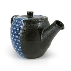 Japanische Keramik-Teekanne mit herausnehmbarem Filter, schwarz mit blauen und weißen Mustern - ASANOHA