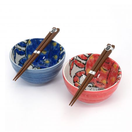 Set de 2 bols japonais en céramique bleu et rouge - motif crabes - KANI