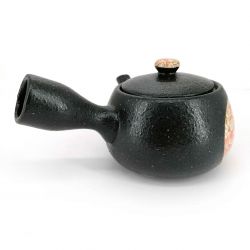 Japanese kyusu ceramic teapot with filter and enamelled interior, black floral circle - HANA NO WA