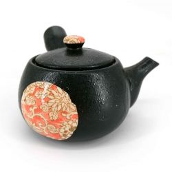 Théière kyusu japonaise en céramique avec filtre et intérieur émaillé, noir cercle fleuri - HANA NO WA