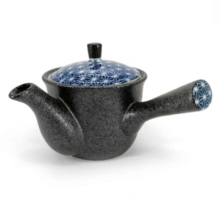 Théière kyusu japonaise en céramique avec filtre amovible, noir, couvercle à motifs - ASANOHA