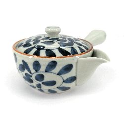 Teiera giapponese in ceramica kyusu con filtro rimovibile e interno smaltato, bianco e blu - KARAKUSA