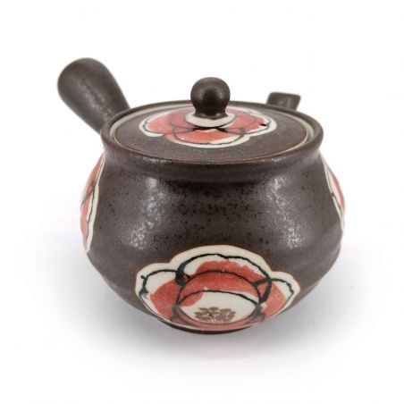 Japanese kyusu ceramic teapot with filter and enamelled interior, black, large flowers - OKINA HANA