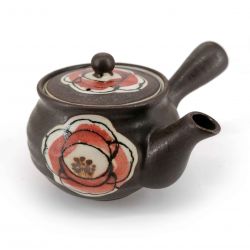 Japanese kyusu ceramic teapot with filter and enamelled interior, black, large flowers - OKINA HANA