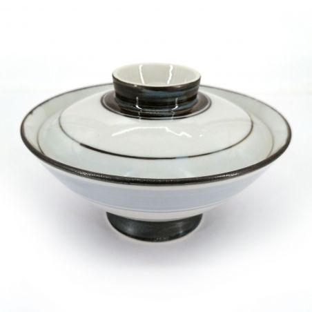 Japanese bowl with lid, white - blue and brown lines