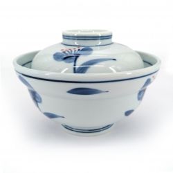 Japanese bowl with lid, white - blue flowers