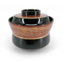 Japanese miso soup bowl in lacquered effect resin, with lid, black, golden line - GORUDENRAIN