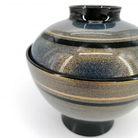Japanese miso soup bowl in lacquered effect resin, with lid, gray black and gold - GORUDEN