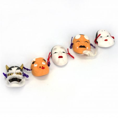 Set mit 5 traditionellen japanischen Minimasken - ZOHONNA HYOTTOKO HANNYA OKINA OKAME - 4,9 / 6 cm