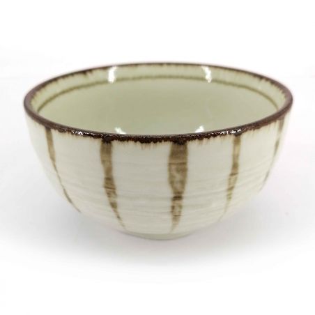 Japanese donburi bowl in beige ceramic with brown vertical lines - SUICHOKU-SEN