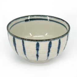Japanese beige ceramic donburi bowl with blue vertical lines - SUICHOKU SEN - 12.5cm