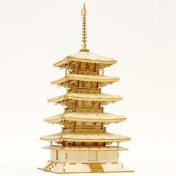 Large puzzle wooden art the Five-story Pagoda, KI-GU-MI PLUS