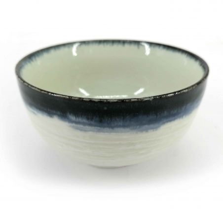 Bol donburi japonais en céramique blanc bordure bleue - KYOKAI - 12.5cm