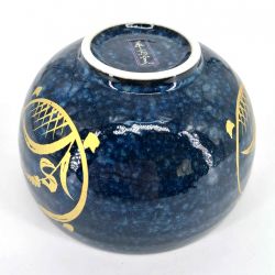 Cuenco donburi de cerámica japonesa, azul, patrón circular dorado - KOGANE NO SHIZEN