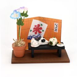 Japanese ceramic cat scene - ENDAI TO ASAGAO - 2.5 cm