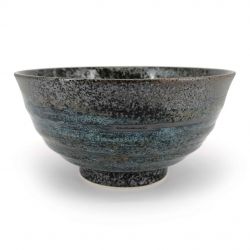 Japanese ceramic donburi bowl, black, brown blue reflections - HANTEN