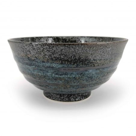 Japanese ceramic donburi bowl, black, brown blue reflections - HANTEN