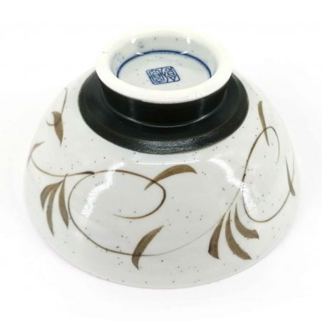 Japanese ceramic rice bowl, beige, brown arabesques - ARABESUKU