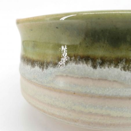 Japanese ceramic tea ceremony bowl, gray, beige, green border - KYOKAI