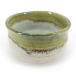 Japanese ceramic tea ceremony bowl, gray, beige, green border - KYOKAI
