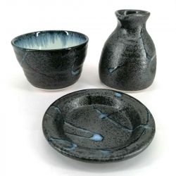 Japanese ceramic saucer set, brown with blue details - BURU NO DITERU