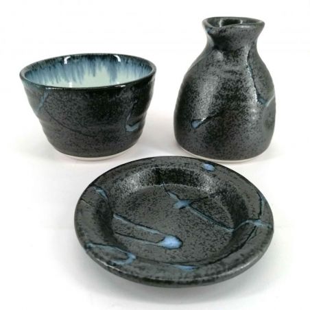 Japanese ceramic saucer set, brown with blue details - BURU NO DITERU