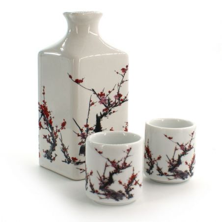 service à saké bouteille et 2 tasses, FURUKI UME, fleurs de prune